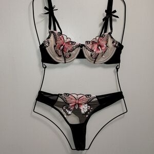 Floral Embroidered Black and Pink Bra Set